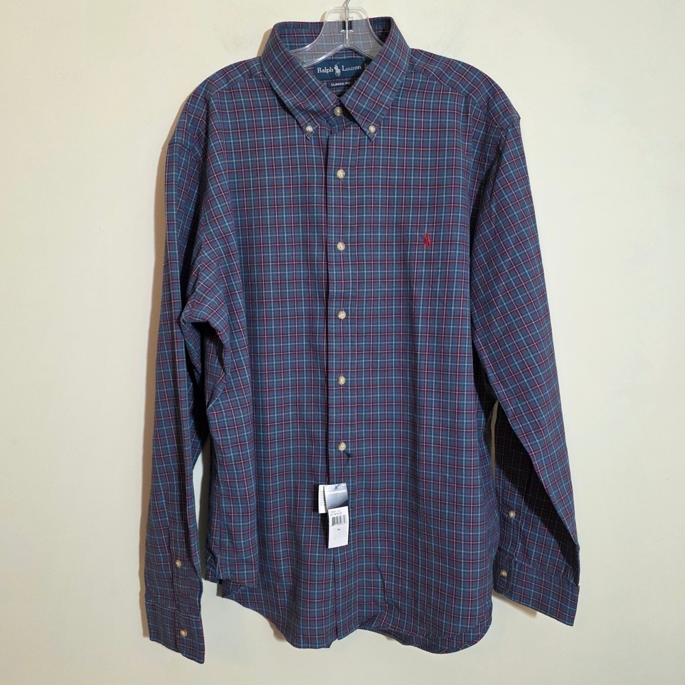 Ralph Lauren Button Down Shirt Mens XL‎ Navy Plaid New Classic Fit Long Sleeve